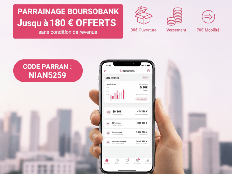 Parrainage BoursoBank conditions : comment obtenir 180 € comme filleul (sans condition de revenus) avec le code&nbsp;NIAN5259