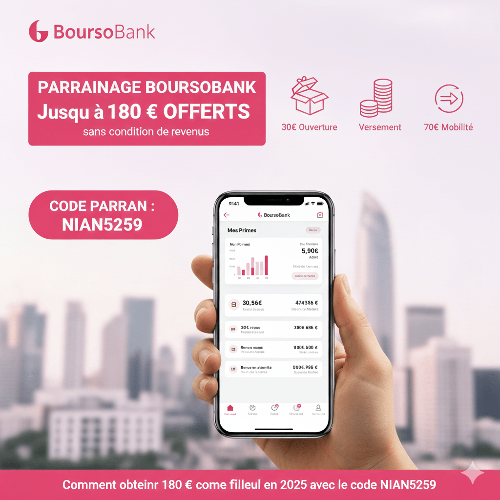 Parrainage BoursoBank conditions : comment obtenir 180 € comme filleul (sans condition de revenus) avec le code&nbsp;NIAN5259