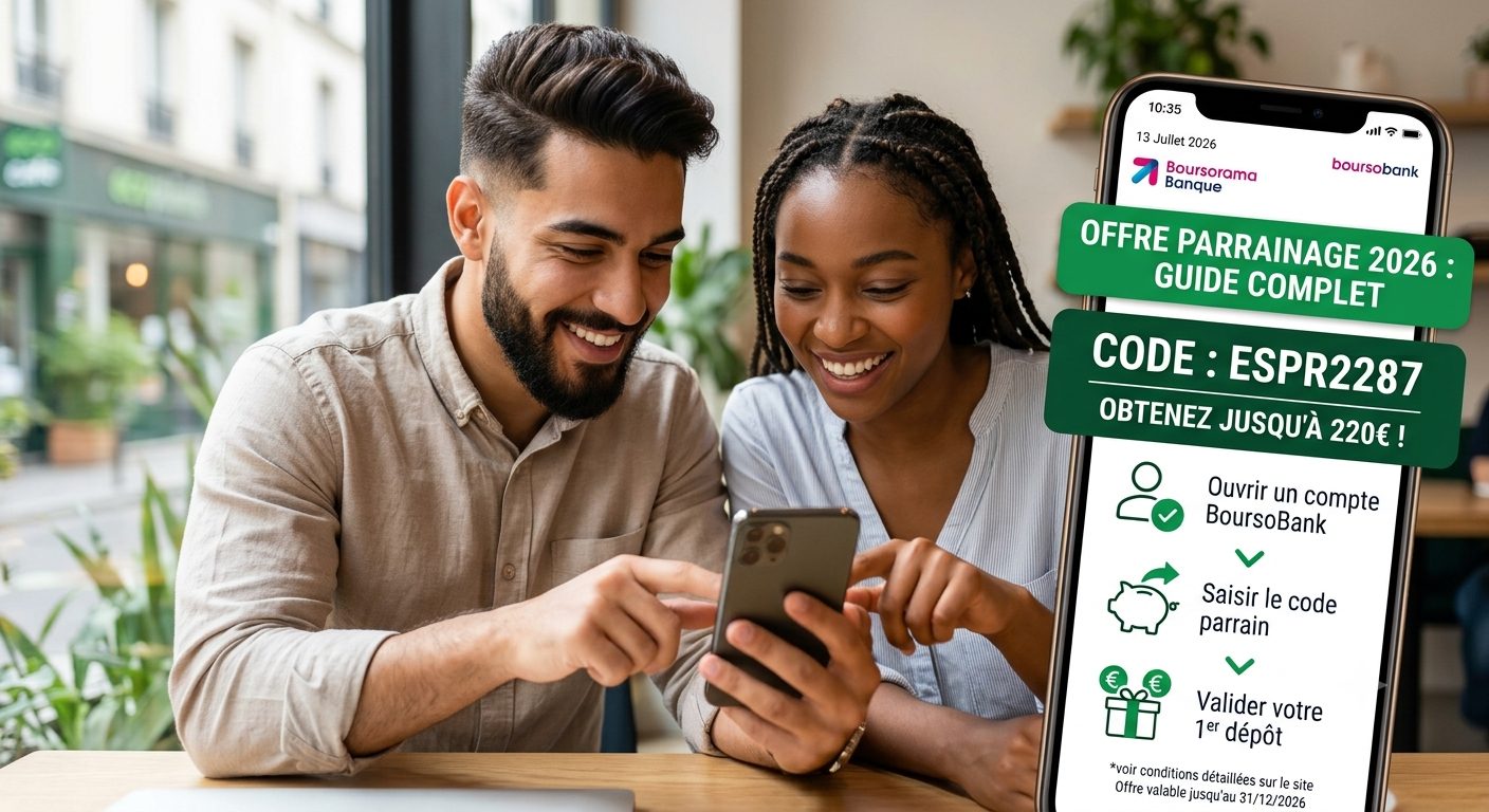 Offre Boursorama parrainage 2026 : le guide complet pour obtenir jusqu&rsquo;à 220 € avec le code ESPR2287